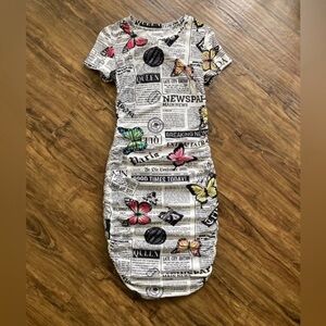 No Boundaries White Newspaper Print Midi Dress with Multicolor Butterflies